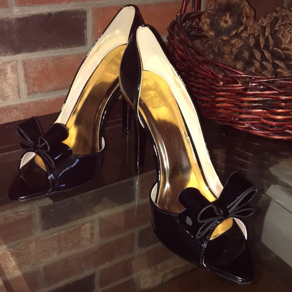 Open Toe, D’Orsay with Bow, Patent Leather Heels.